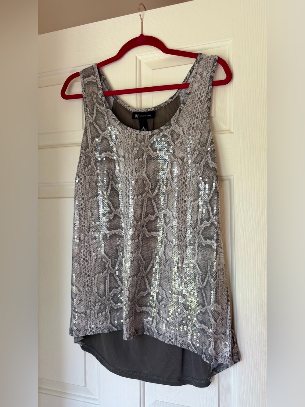 INC International Concepts Gray Snake Print Sequin Layered Tank Sleeveless Large